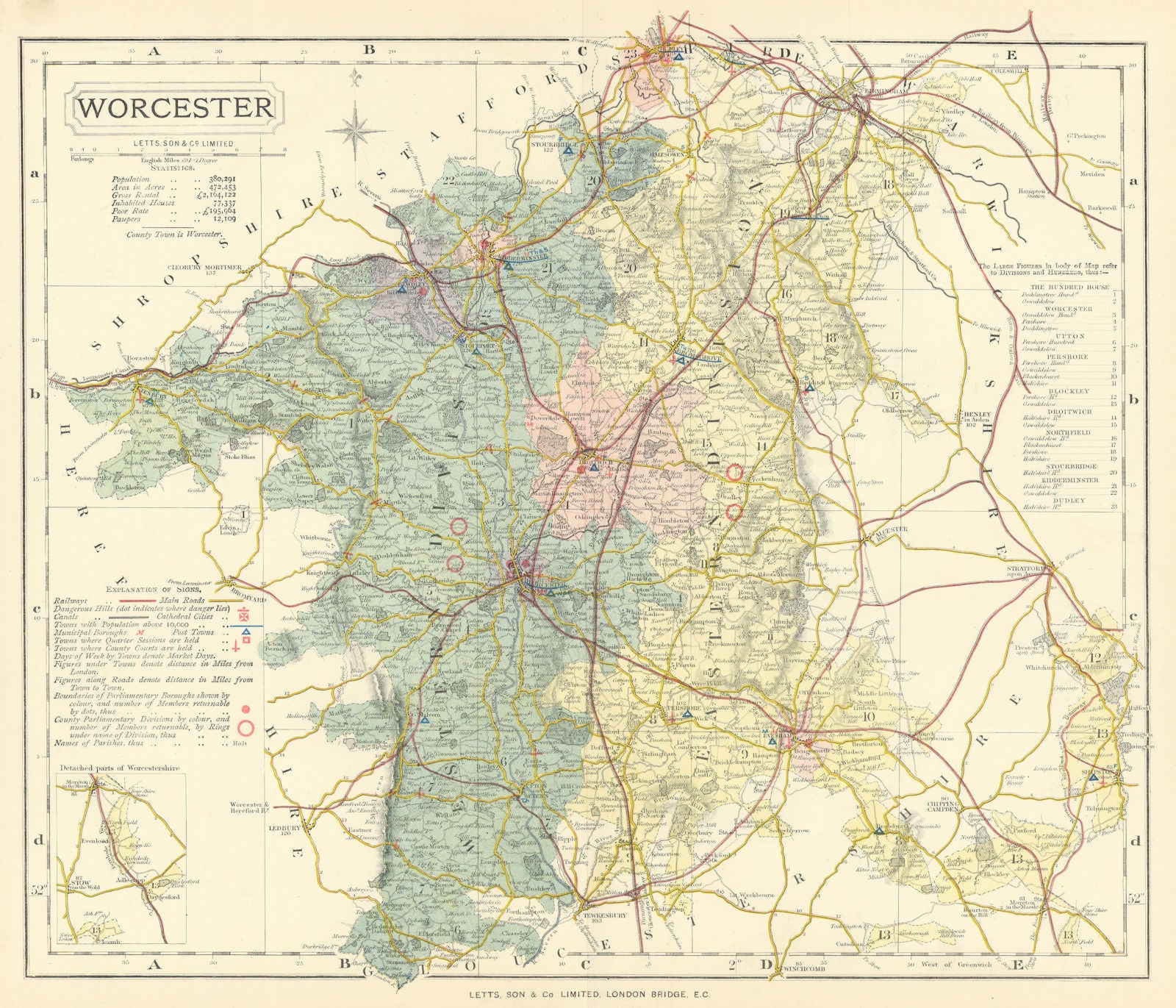 Worcestershire county map showing Post Towns & Market Days. LETTS 1884 old